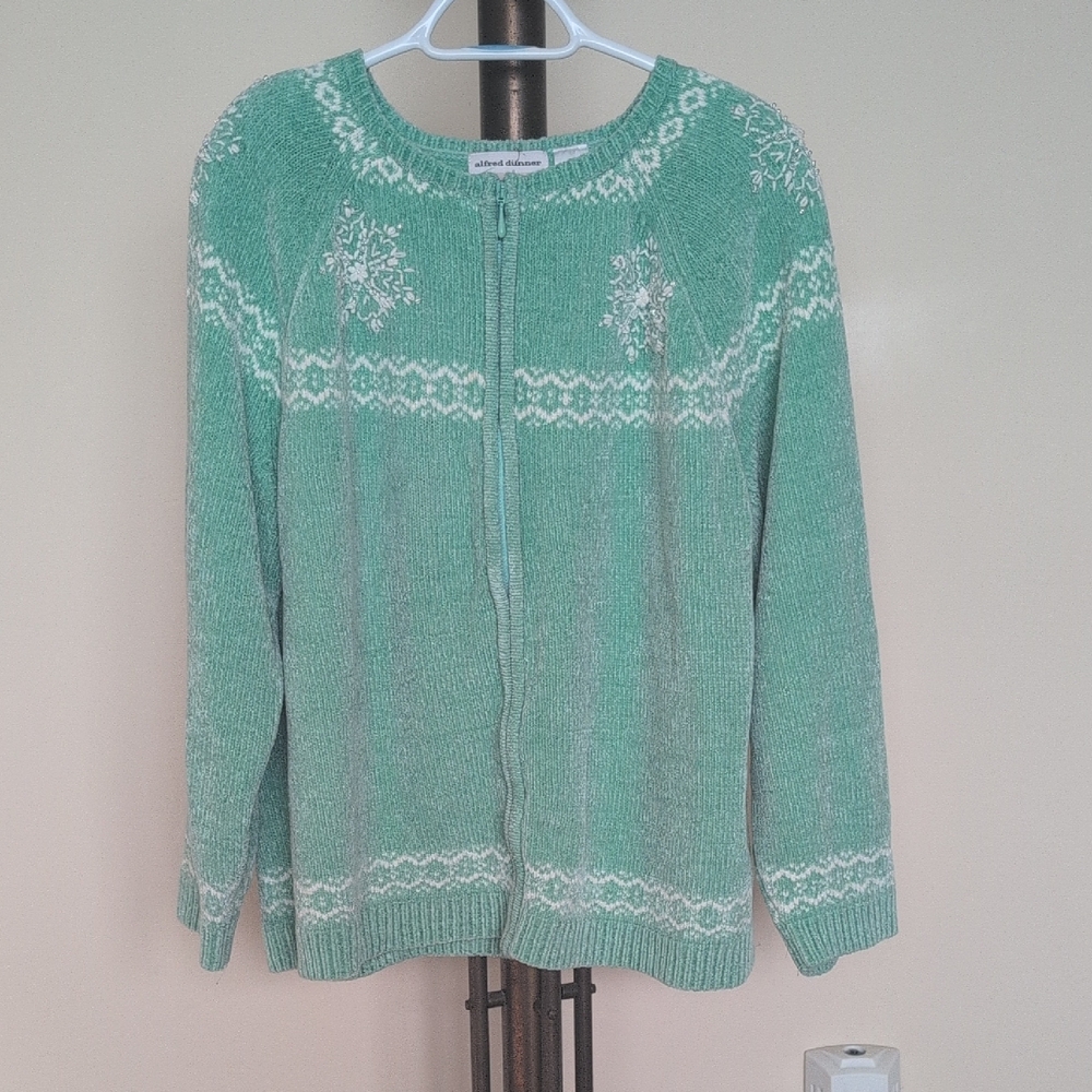 Alfred Dunner Mint Green and White Knit Zip Cardigan